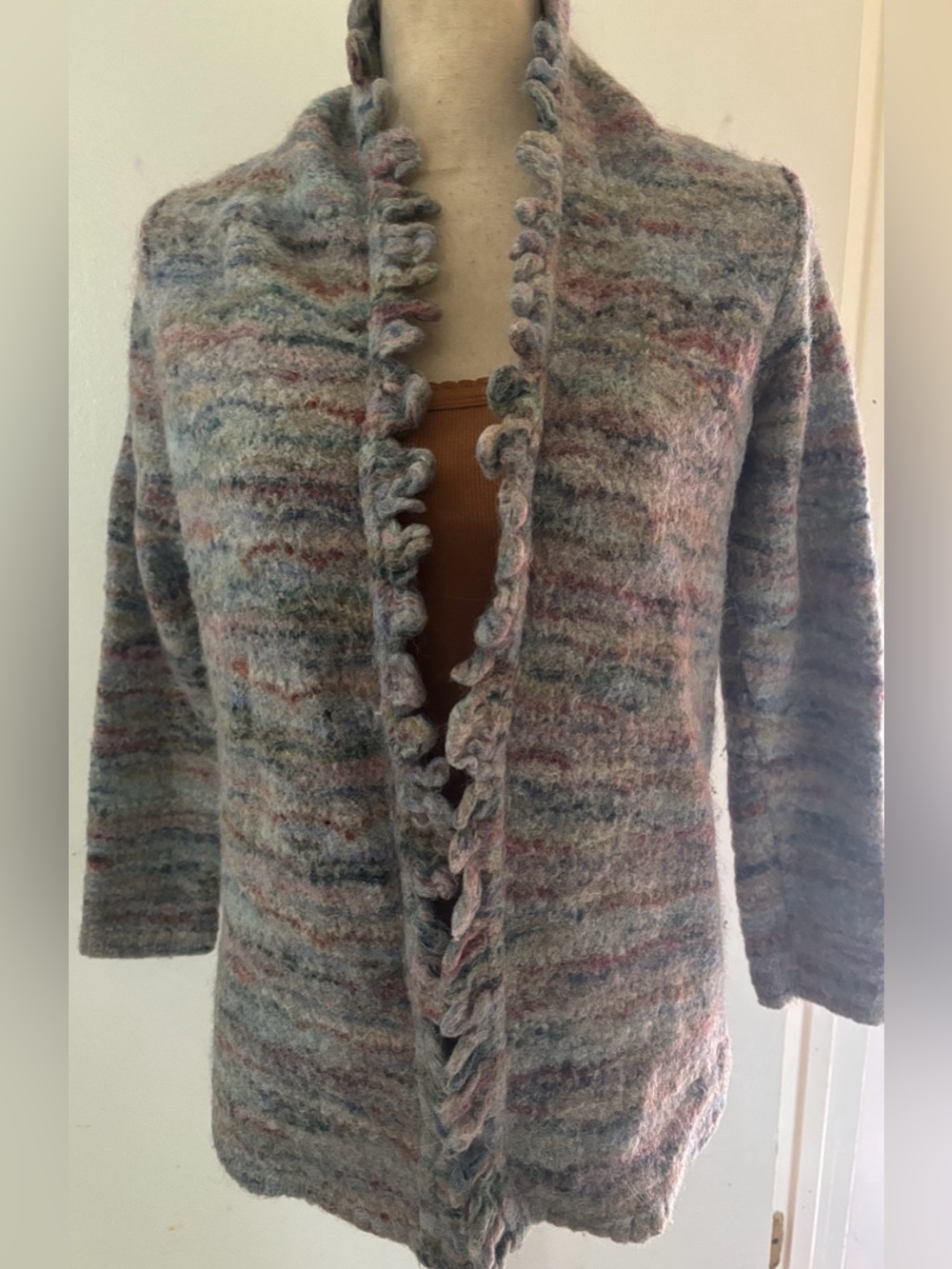 Peruvian Connection alpaca blend open front ruffles cardigan sz  S